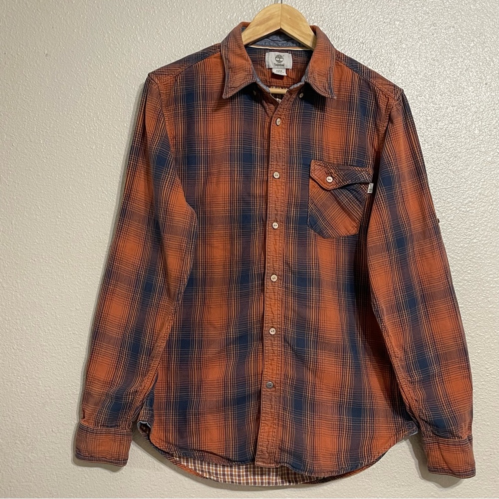Timberland Orange and Blue Plaid Casual Flannel Shirt vintage